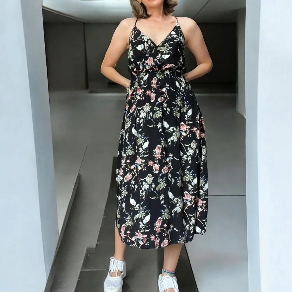 Banana Republic Black Floral Birds Midi Dress Strappy Summer Dress 4 - Picture 2 of 13